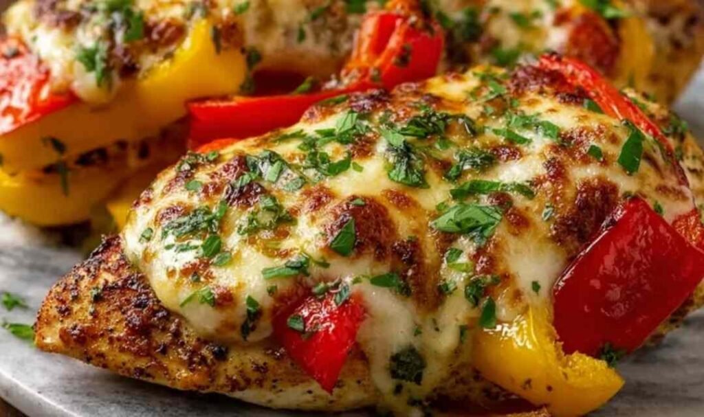 Cheesy baked chicken breast and peppers in a baking dish with melted bubbly mozzarella and colorful roasted bell peppers