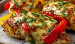 Cheesy baked chicken breast and peppers in a baking dish with melted bubbly mozzarella and colorful roasted bell peppers