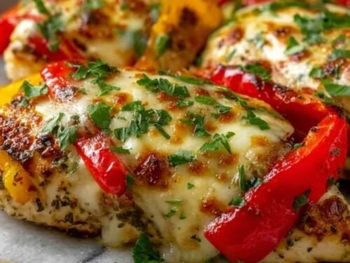 Cheesy baked chicken breast and peppers in a baking dish with melted bubbly mozzarella and colorful roasted bell peppers