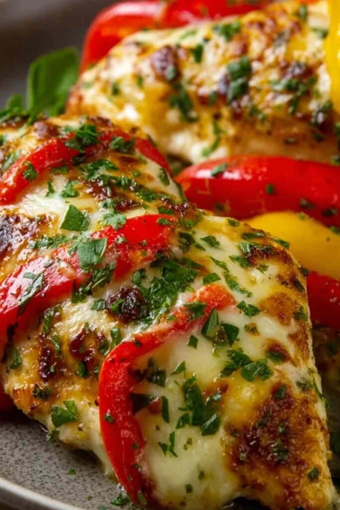 Cheesy baked chicken breast and peppers in a baking dish with melted bubbly mozzarella and colorful roasted bell peppers