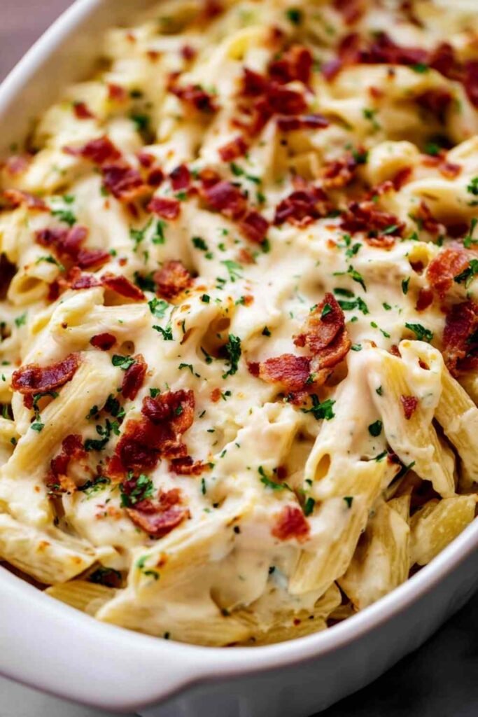 Chicken bacon ranch baked penne with golden melted mozzarella and crispy bacon in a white casserole dish