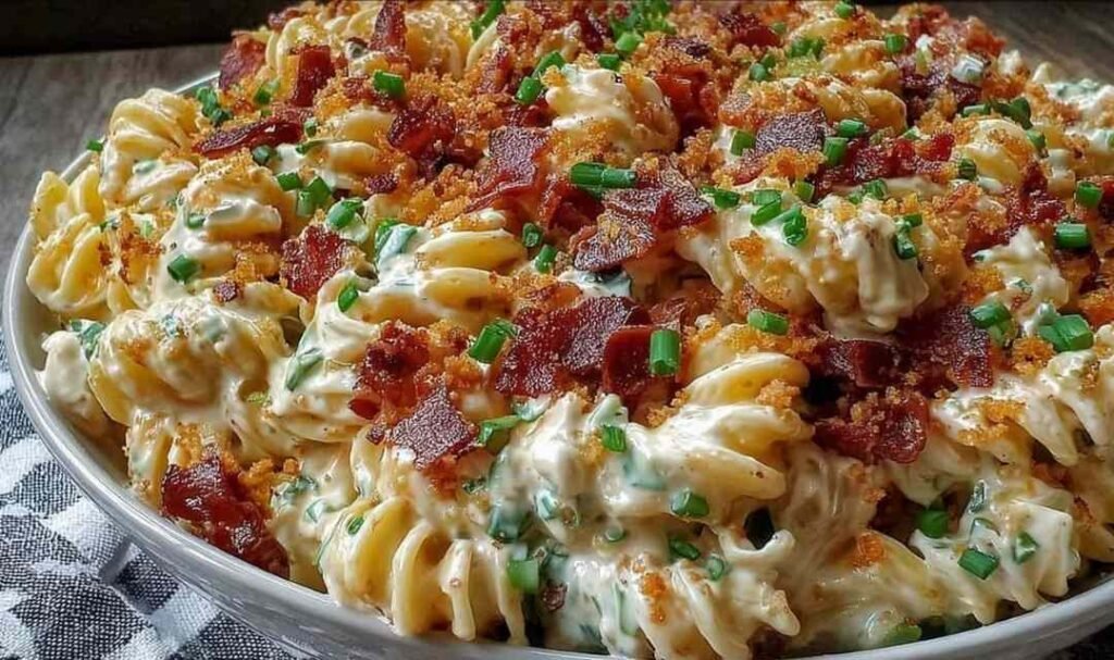 Creamy loaded pasta salad with ranch and bacon in a large white bowl with cherry tomatoes and cheddar