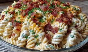 Creamy Loaded Pasta Salad with Ranch and Bacon Creamy loaded pasta salad with ranch and bacon in a large white bowl with cherry tomatoes and cheddar