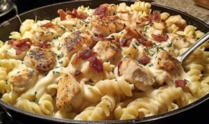 Chicken Bacon Ranch Pasta Chicken bacon ranch pasta in large skillet with creamy cheddar sauce rotini chopped bacon and cubed chicken