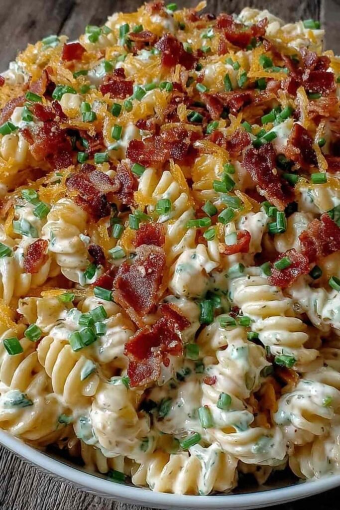 Creamy loaded pasta salad with ranch and bacon in a large white bowl with cherry tomatoes and cheddar