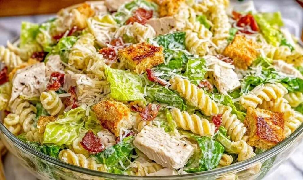 Chicken Caesar pasta salad with rotini, grilled chicken, turkey bacon, romaine, and shredded Parmesan in a white bowl
