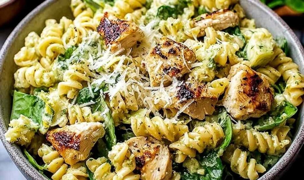 Large serving bowl of chicken Caesar pasta salad with rotini pasta, diced chicken, crisp romaine, cherry tomatoes, Parmesan, and croutons tossed in Caesar dressing