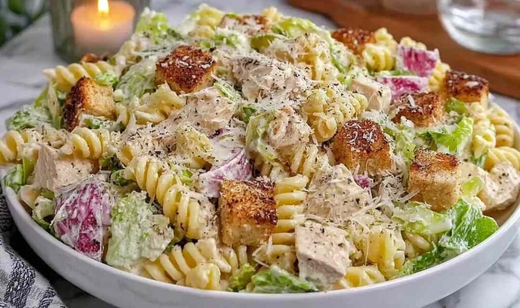 Creamy chicken Caesar pasta salad in a large white bowl with romaine, rotini, Parmesan, and garlic croutons