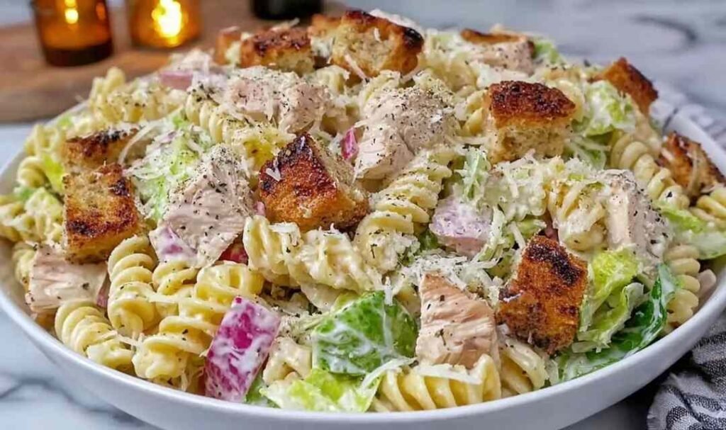 Chicken Caesar pasta salad in a large white bowl with romaine, crispy bacon, croutons, and shredded Parmesan