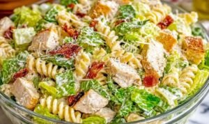 Chicken Caesar pasta salad with rotini, grilled chicken, turkey bacon, romaine, and shredded Parmesan in a white bowl