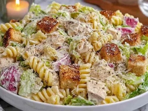 Chicken Caesar pasta salad in a large white bowl with romaine, crispy bacon, croutons, and shredded Parmesan