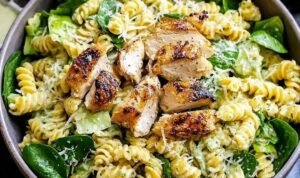 Chicken Caesar Pasta Salad Large serving bowl of chicken Caesar pasta salad with rotini pasta, diced chicken, crisp romaine, cherry tomatoes, Parmesan, and croutons tossed in Caesar dressing