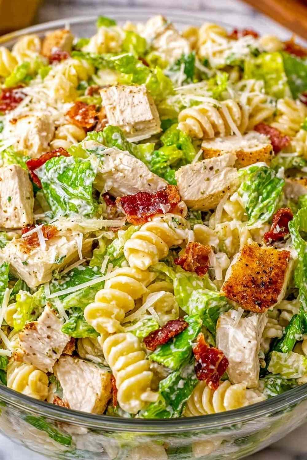 Chicken Caesar pasta salad with rotini, grilled chicken, turkey bacon, romaine, and shredded Parmesan in a white bowl