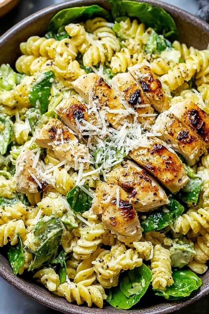 Large serving bowl of chicken Caesar pasta salad with rotini pasta, diced chicken, crisp romaine, cherry tomatoes, Parmesan, and croutons tossed in Caesar dressing