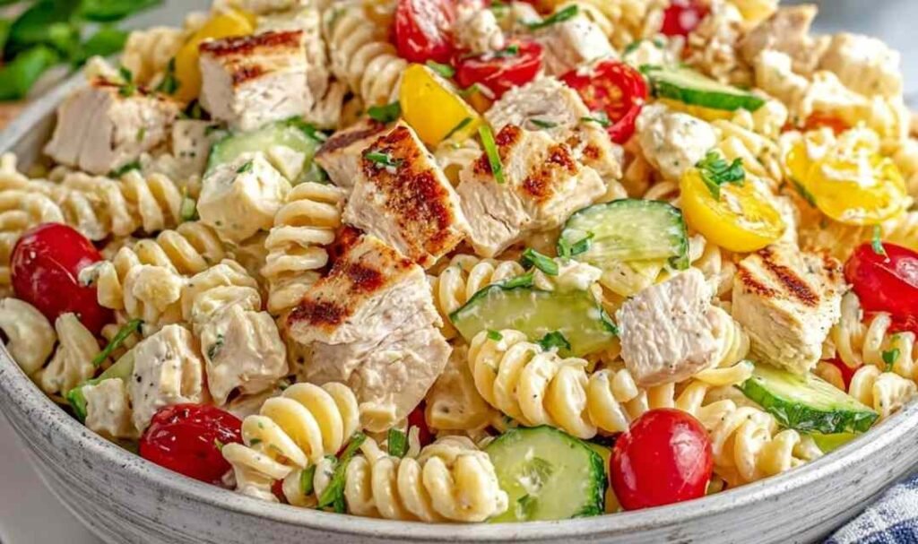 Chicken Club Pasta Salad with rotisserie chicken, crispy bacon, avocado, and cherry tomatoes in a creamy Italian-mayo dressing