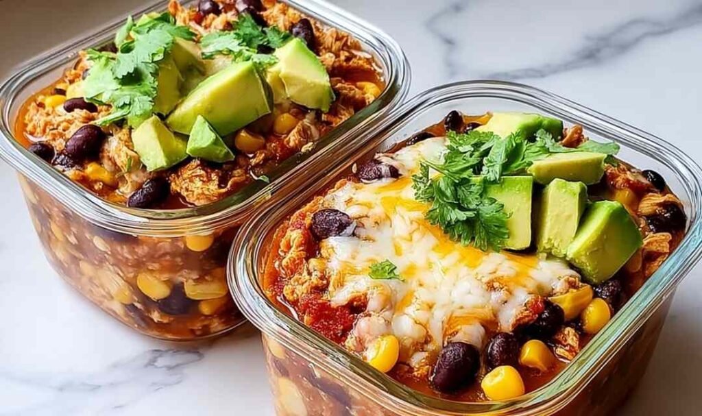 High-protein chicken cottage cheese enchilada bowl with melted cheese avocado cilantro and black beans