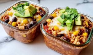 High-protein chicken cottage cheese enchilada bowl with melted cheese avocado cilantro and black beans