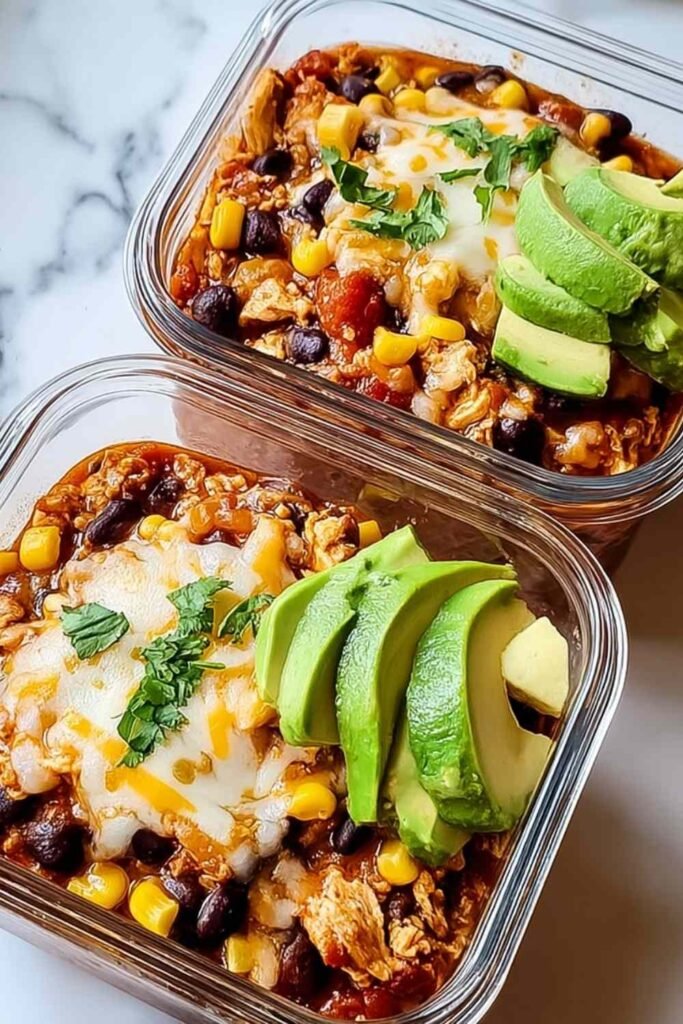 High-protein chicken cottage cheese enchilada bowl with melted cheese avocado cilantro and black beans