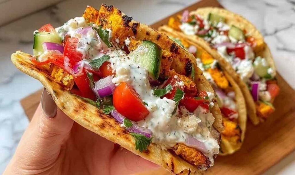 Chicken gyros smash tacos on a white plate topped with tzatziki, chopped cucumber, cherry tomatoes, red onion, and fresh cilantro