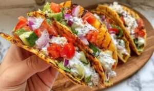 Chicken Gyros Smash Tacos Chicken gyros smash tacos on a white plate topped with tzatziki, chopped cucumber, cherry tomatoes, red onion, and fresh cilantro