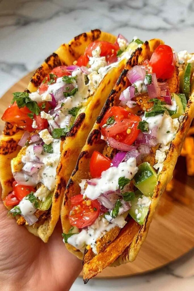 Chicken gyros smash tacos on a white plate topped with tzatziki, chopped cucumber, cherry tomatoes, red onion, and fresh cilantro