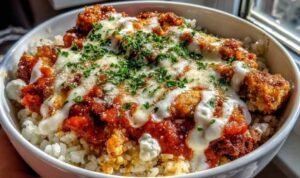 Chicken Parm Cottage Cheese Bowl with melted mozzarella, warm marinara, and fresh basil in a white bowl