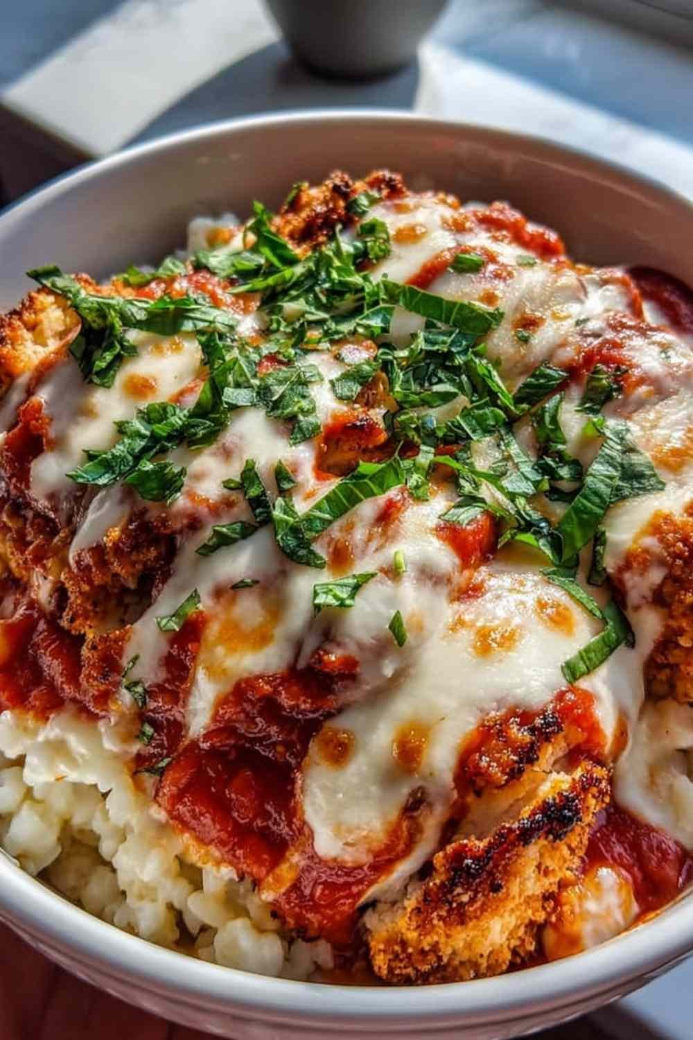 Chicken Parm Cottage Cheese Bowl with melted mozzarella, warm marinara, and fresh basil in a white bowl