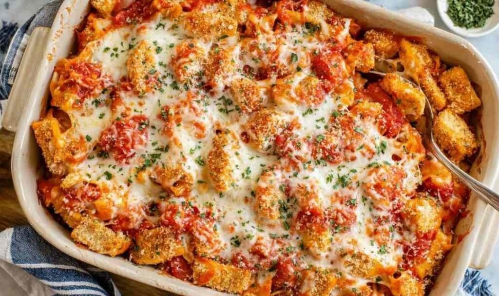 Chicken parmesan casserole with golden melted mozzarella and crispy breaded chicken in a white baking dish