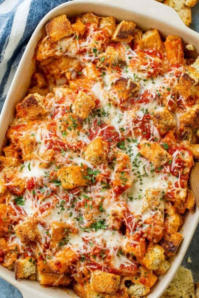 Chicken parmesan casserole with golden melted mozzarella and crispy breaded chicken in a white baking dish