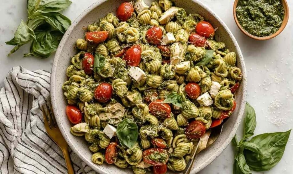 Large bowl of chicken pesto pasta salad with fresh mozzarella, cherry tomatoes, spinach, and basil pesto dressing