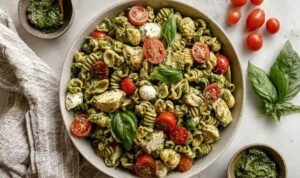 Chicken Pesto Pasta Salad Large bowl of chicken pesto pasta salad with fresh mozzarella, cherry tomatoes, spinach, and basil pesto dressing