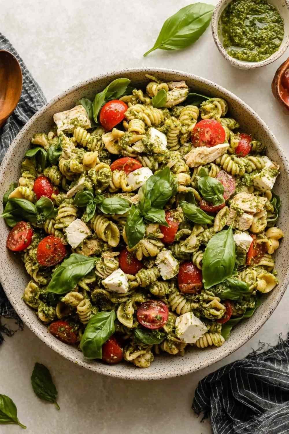 Large bowl of chicken pesto pasta salad with fresh mozzarella, cherry tomatoes, spinach, and basil pesto dressing