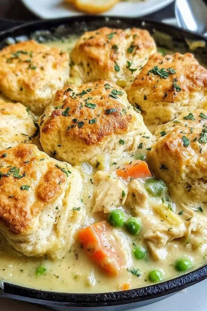 Red Lobster Biscuit Chicken Pot Pie fresh from the oven with golden Cheddar Bay biscuit topping and creamy chicken filling bubbling at the edges of the baking dish