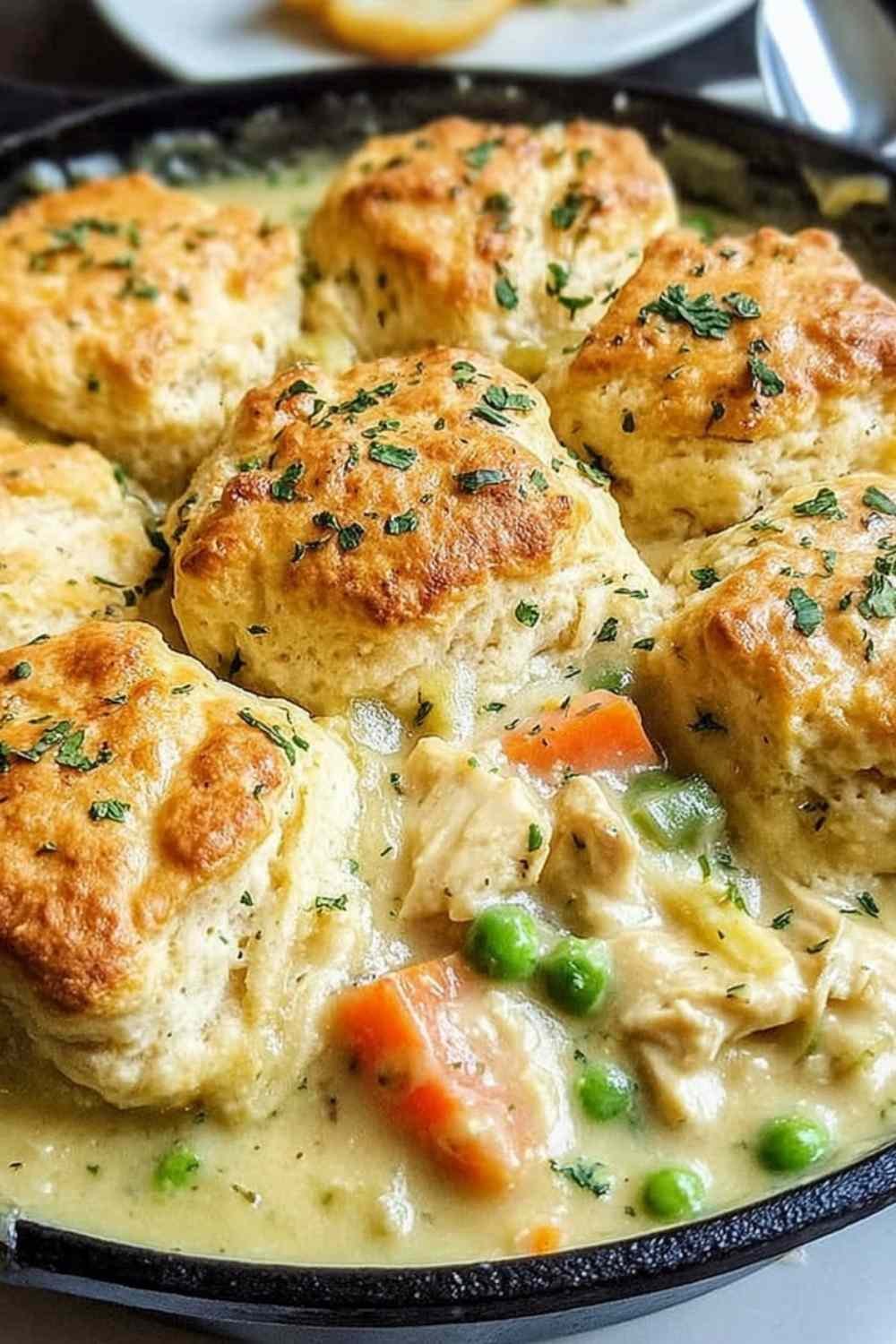 Red Lobster Biscuit Chicken Pot Pie fresh from the oven with golden Cheddar Bay biscuit topping and creamy chicken filling bubbling at the edges of the baking dish