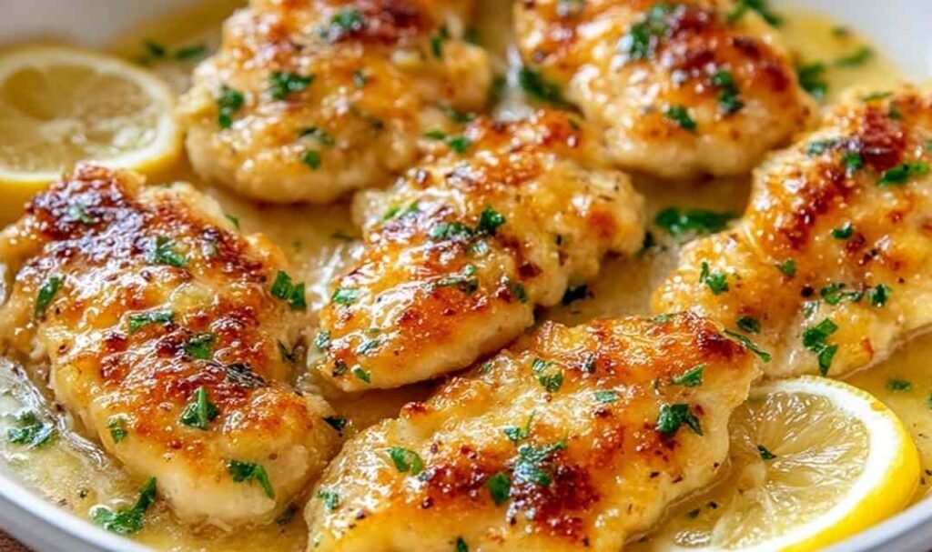 Chicken scallopini in a large skillet with golden crust and lemon-butter sauce with capers and fresh parsley