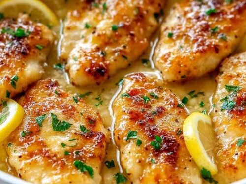Chicken scallopini in a large skillet with golden crust and lemon-butter sauce with capers and fresh parsley