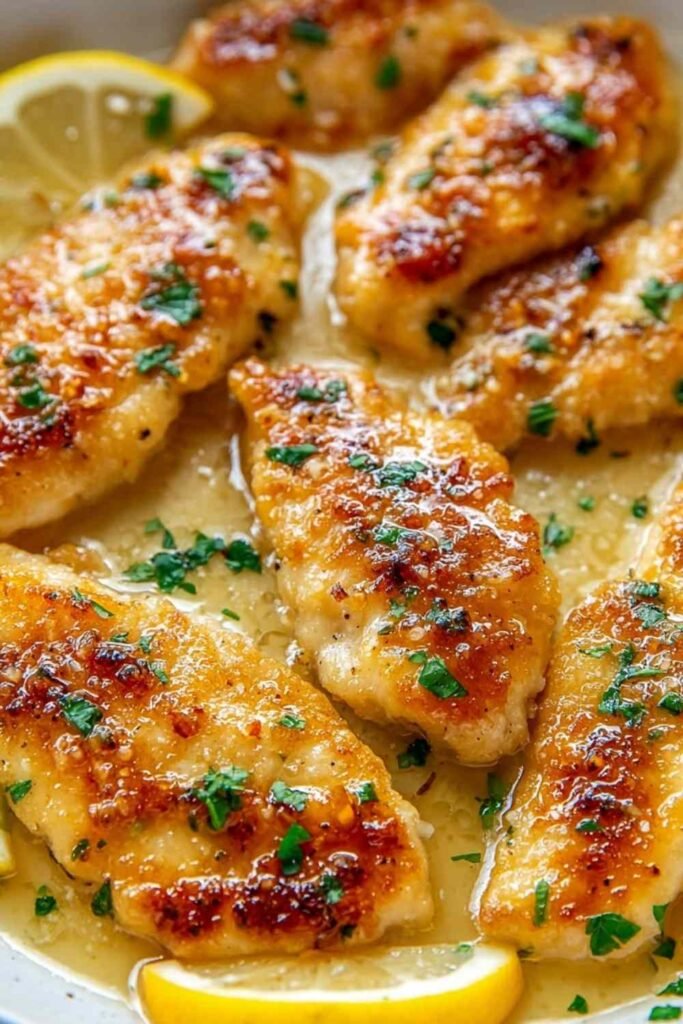 Chicken scallopini in a large skillet with golden crust and lemon-butter sauce with capers and fresh parsley