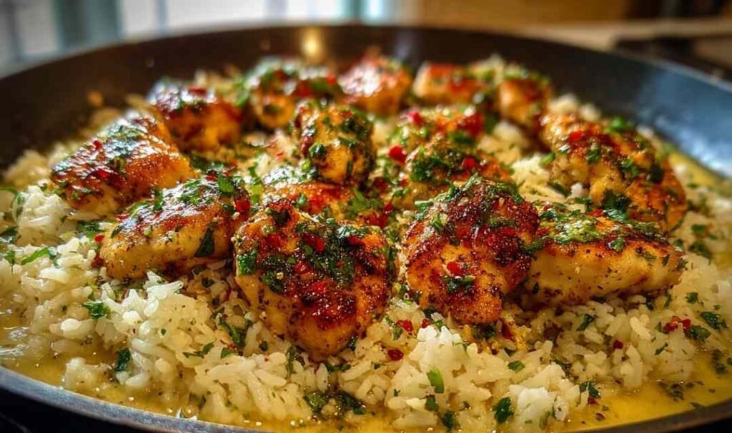 Chicken Scampi with Creamy Garlic Parmesan Rice served in a white bowl with golden chicken bites and fresh parsley garnish