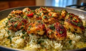 Chicken Scampi with Creamy Garlic Parmesan Rice Chicken Scampi with Creamy Garlic Parmesan Rice served in a white bowl with golden chicken bites and fresh parsley garnish