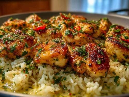 Chicken Scampi with Creamy Garlic Parmesan Rice served in a white bowl with golden chicken bites and fresh parsley garnish