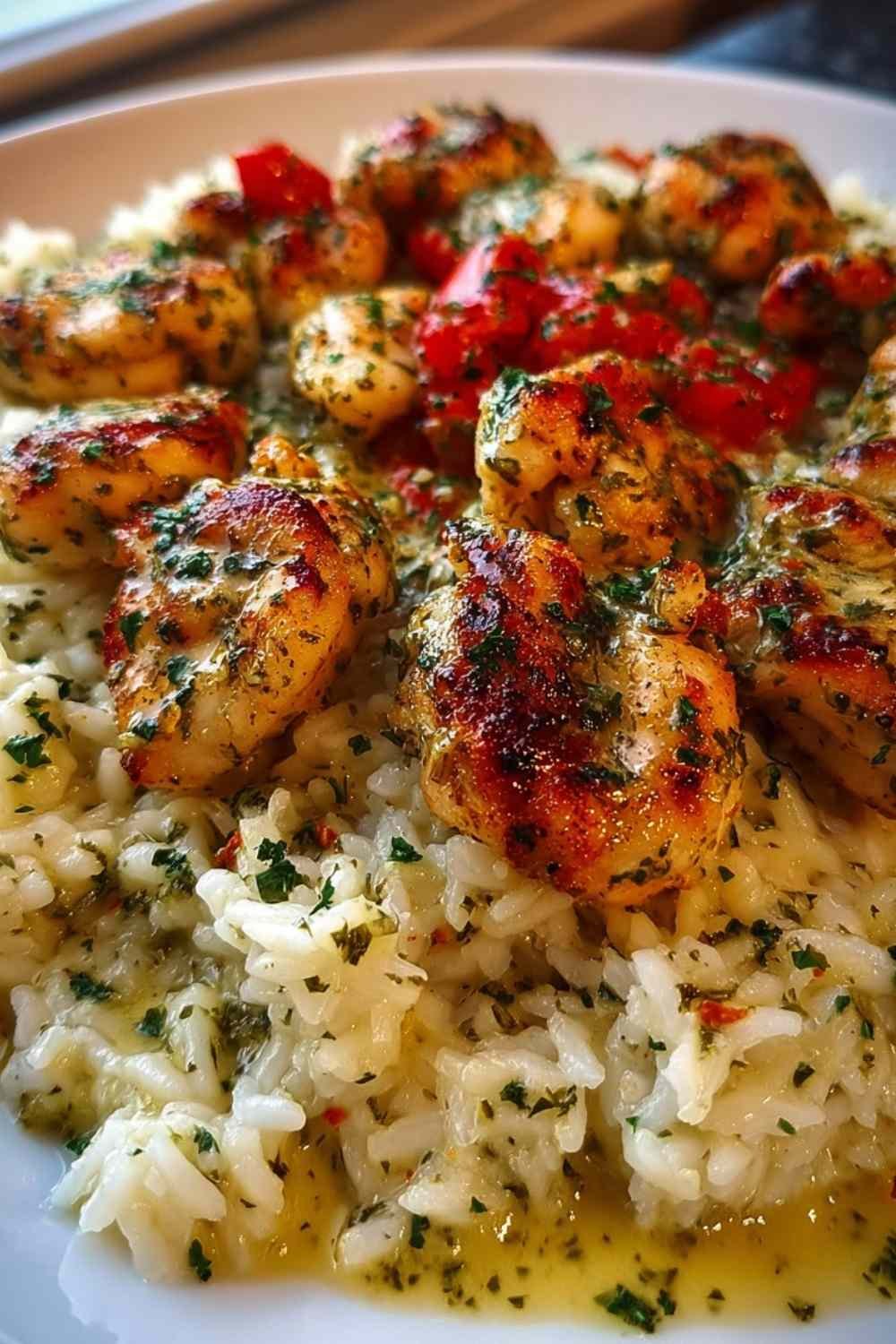 Chicken Scampi with Creamy Garlic Parmesan Rice served in a white bowl with golden chicken bites and fresh parsley garnish
