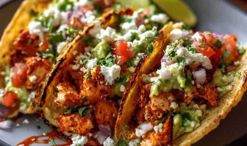 Juicy chicken street tacos in charred corn tortillas topped with white onion, cilantro, and cotija cheese