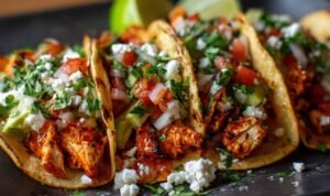 Juicy chicken street tacos in charred corn tortillas topped with white onion, cilantro, and cotija cheese