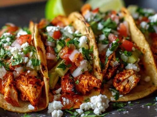Juicy chicken street tacos in charred corn tortillas topped with white onion, cilantro, and cotija cheese
