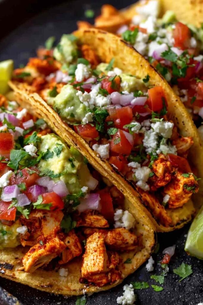 Juicy chicken street tacos in charred corn tortillas topped with white onion, cilantro, and cotija cheese