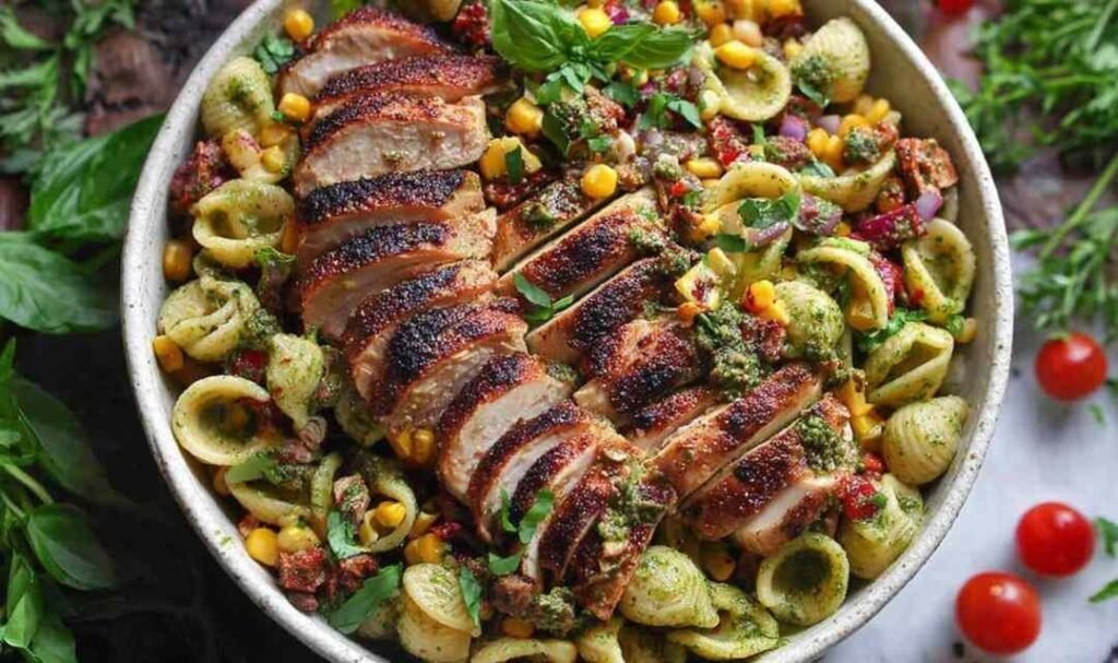 Chicken and corn pasta salad with bacon, sliced chicken thighs, corn kernels, and creamy pesto lime dressing in a white bowl