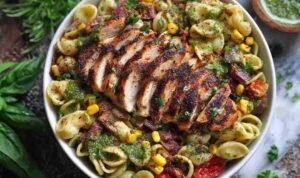 Chicken and Corn Pasta Salad with Bacon Chicken and corn pasta salad with bacon, sliced chicken thighs, corn kernels, and creamy pesto lime dressing in a white bowl