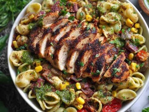 Chicken and corn pasta salad with bacon, sliced chicken thighs, corn kernels, and creamy pesto lime dressing in a white bowl
