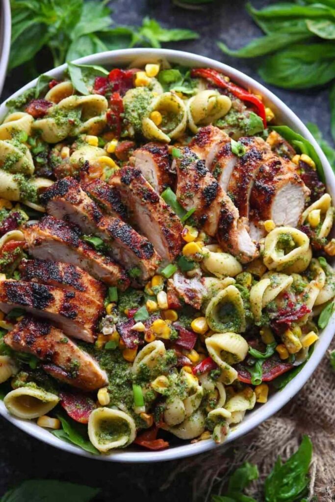 Chicken and corn pasta salad with bacon, sliced chicken thighs, corn kernels, and creamy pesto lime dressing in a white bowl