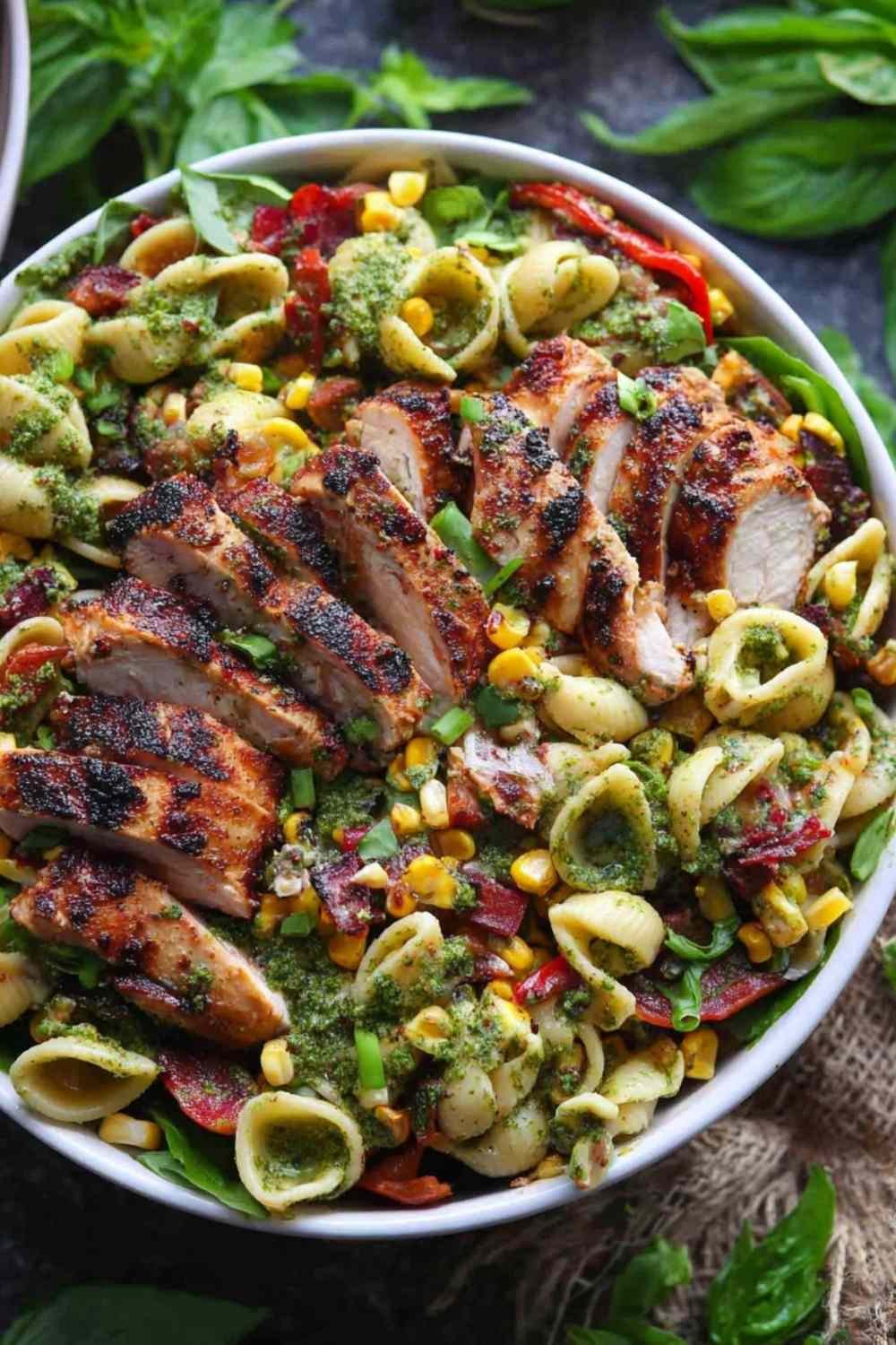 Chicken and corn pasta salad with bacon, sliced chicken thighs, corn kernels, and creamy pesto lime dressing in a white bowl